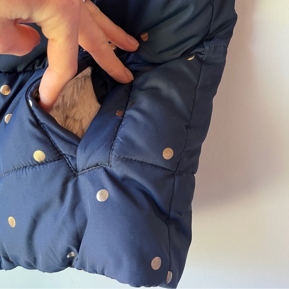 Mini Boden Navy Puffer Vest with Gold Polka Dots Faux Fur Lined - Picture 3 of 8